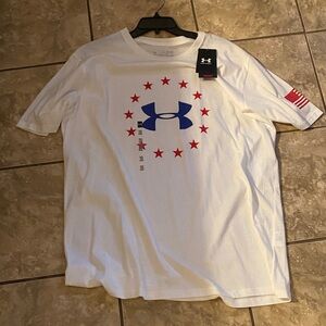 Under Armour Men's White Tee with Blue Logo and Red Stars